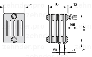 Схема (чертеж) Радиатор Zehnder Charleston 6026/4 №V002 Белый глянцевый RAL 9016